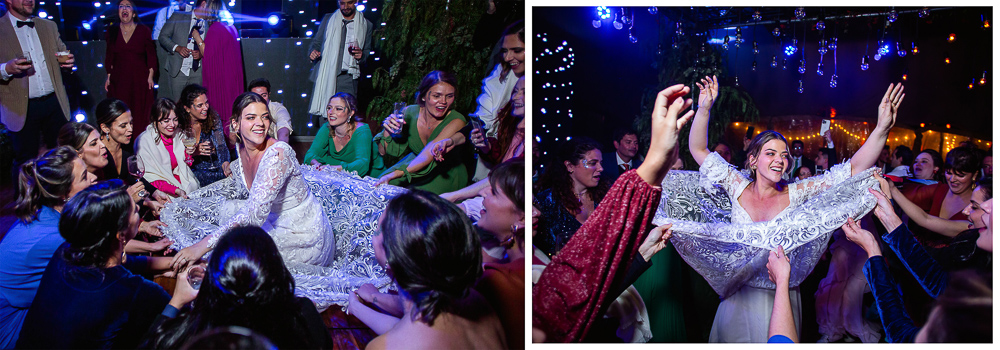 madrinhas dançam segurando o vestido de noiva fora do brasil na vinícola susana balbo em mendoza argentina